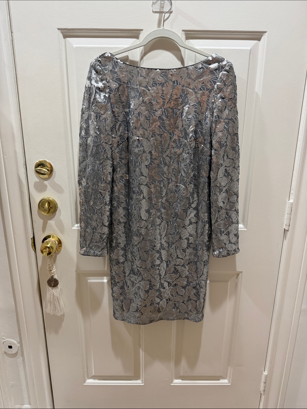 Aidan Mattox Silver Floral Sequin Long-Sleeve Dress